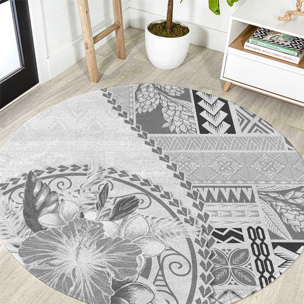 Samoa Siapo Elegant Round Carpet Hibiscus White Motifs - Polynesian Pride