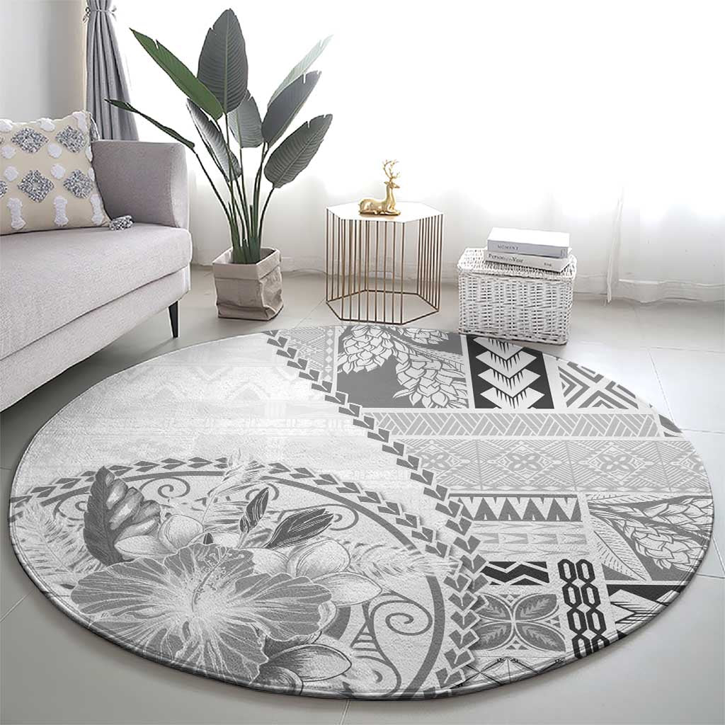Samoa Siapo Elegant Round Carpet Hibiscus White Motifs - Polynesian Pride