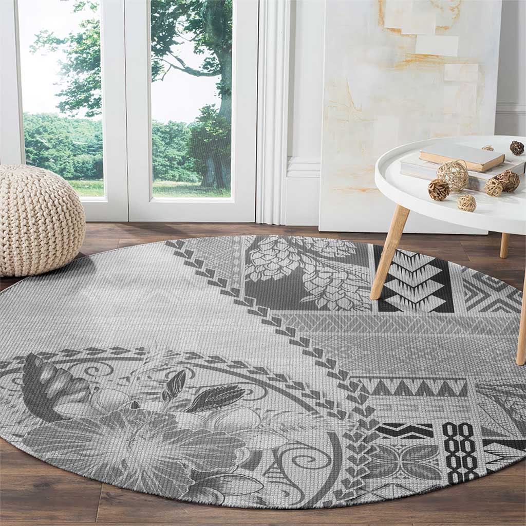 Samoa Siapo Elegant Round Carpet Hibiscus White Motifs - Polynesian Pride