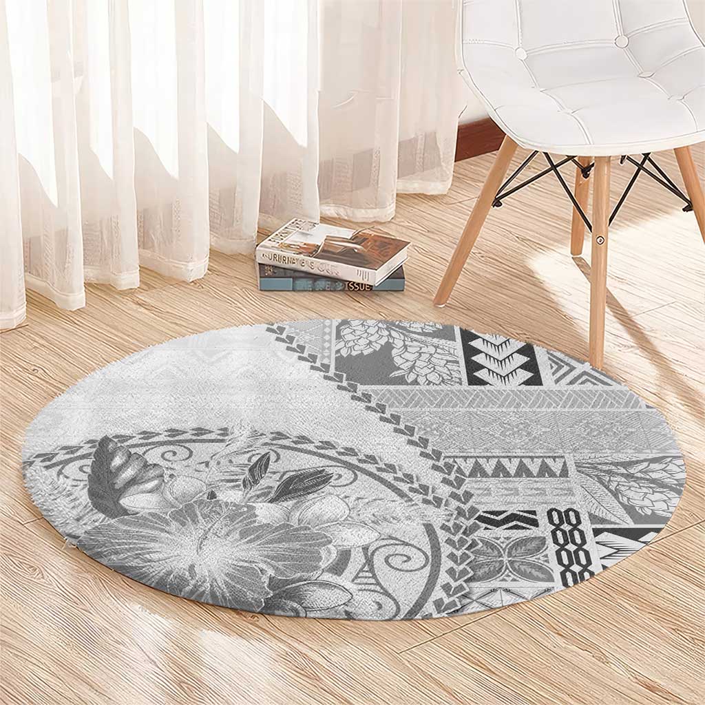 Samoa Siapo Elegant Round Carpet Hibiscus White Motifs - Polynesian Pride