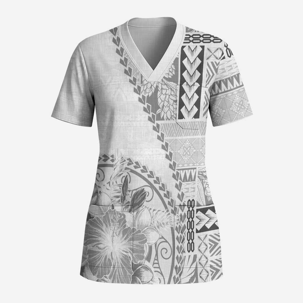 Samoa Siapo Elegant Scrub Top Hibiscus White Motifs - Polynesian Pride