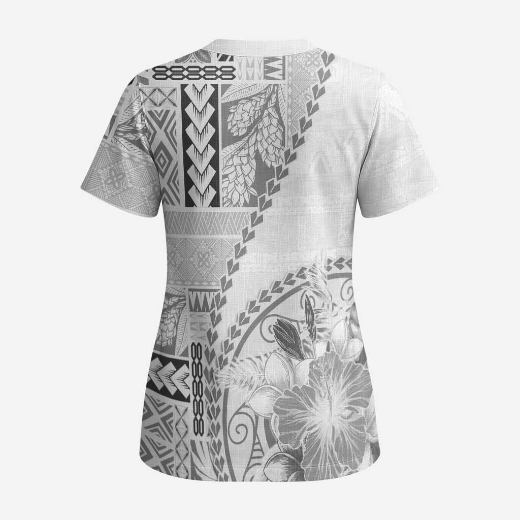 Samoa Siapo Elegant Scrub Top Hibiscus White Motifs - Polynesian Pride