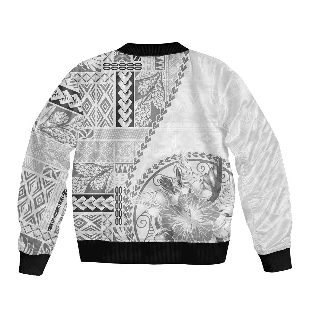 Samoa Siapo Elegant Sleeve Zip Bomber Jacket Hibiscus White Motifs - Polynesian Pride