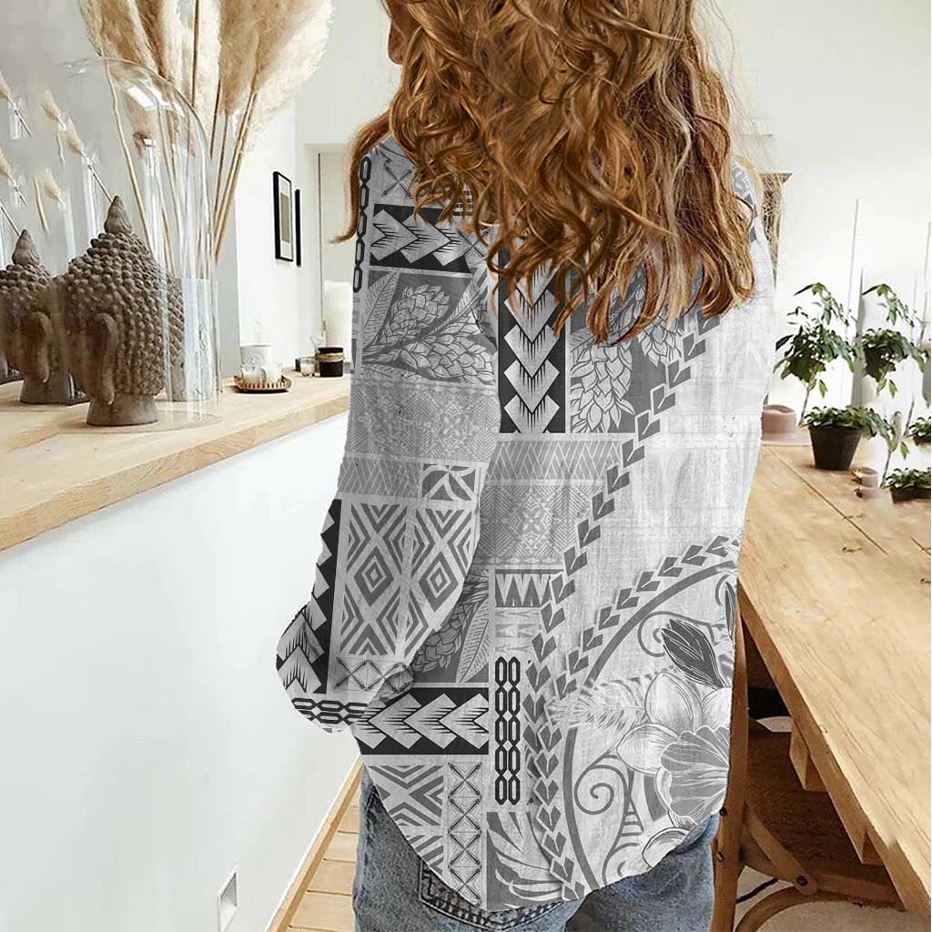 Samoa Siapo Elegant Women Casual Shirt Hibiscus White Motifs - Polynesian Pride