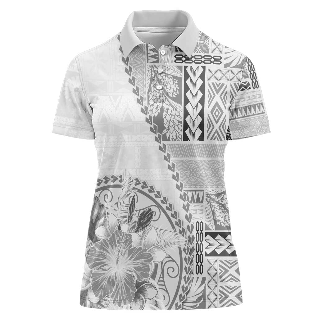 Samoa Siapo Elegant Women Polo Shirt Hibiscus White Motifs - Polynesian Pride