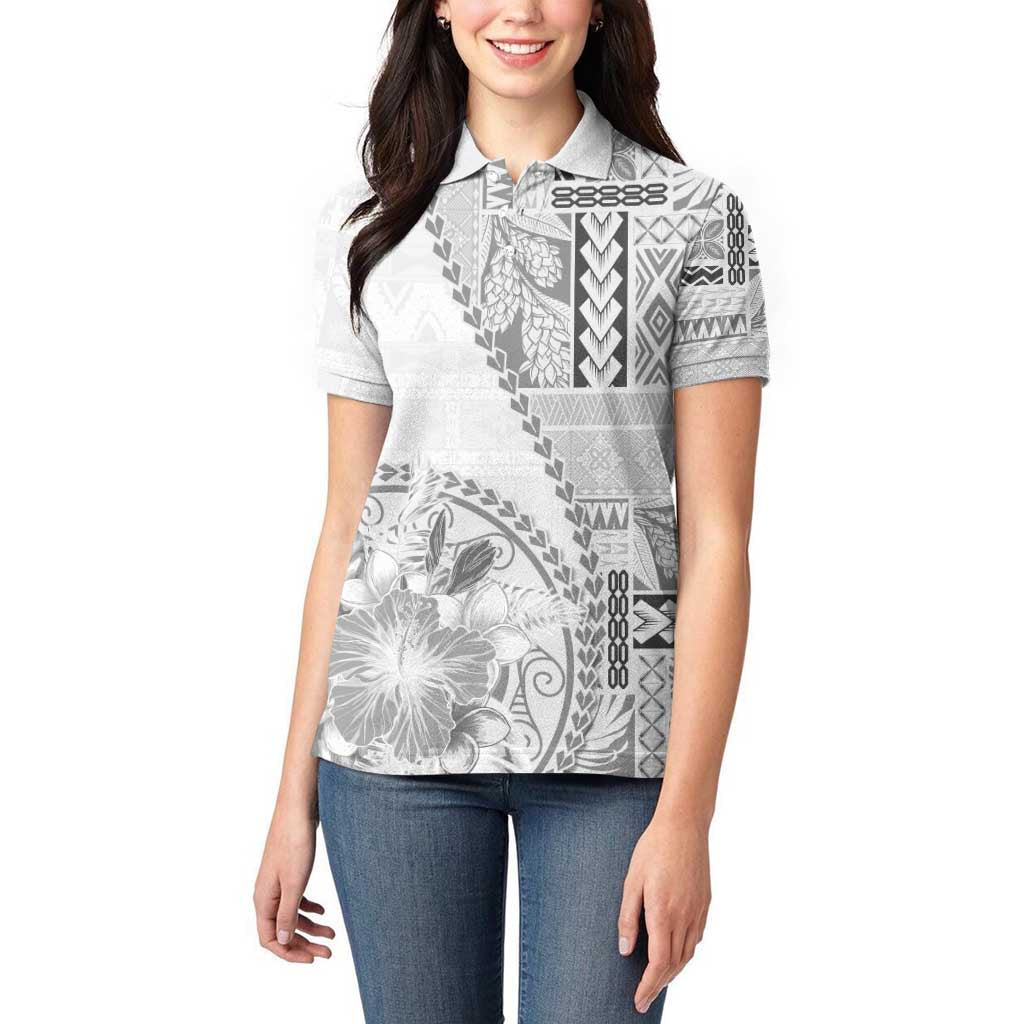 Samoa Siapo Elegant Women Polo Shirt Hibiscus White Motifs - Polynesian Pride