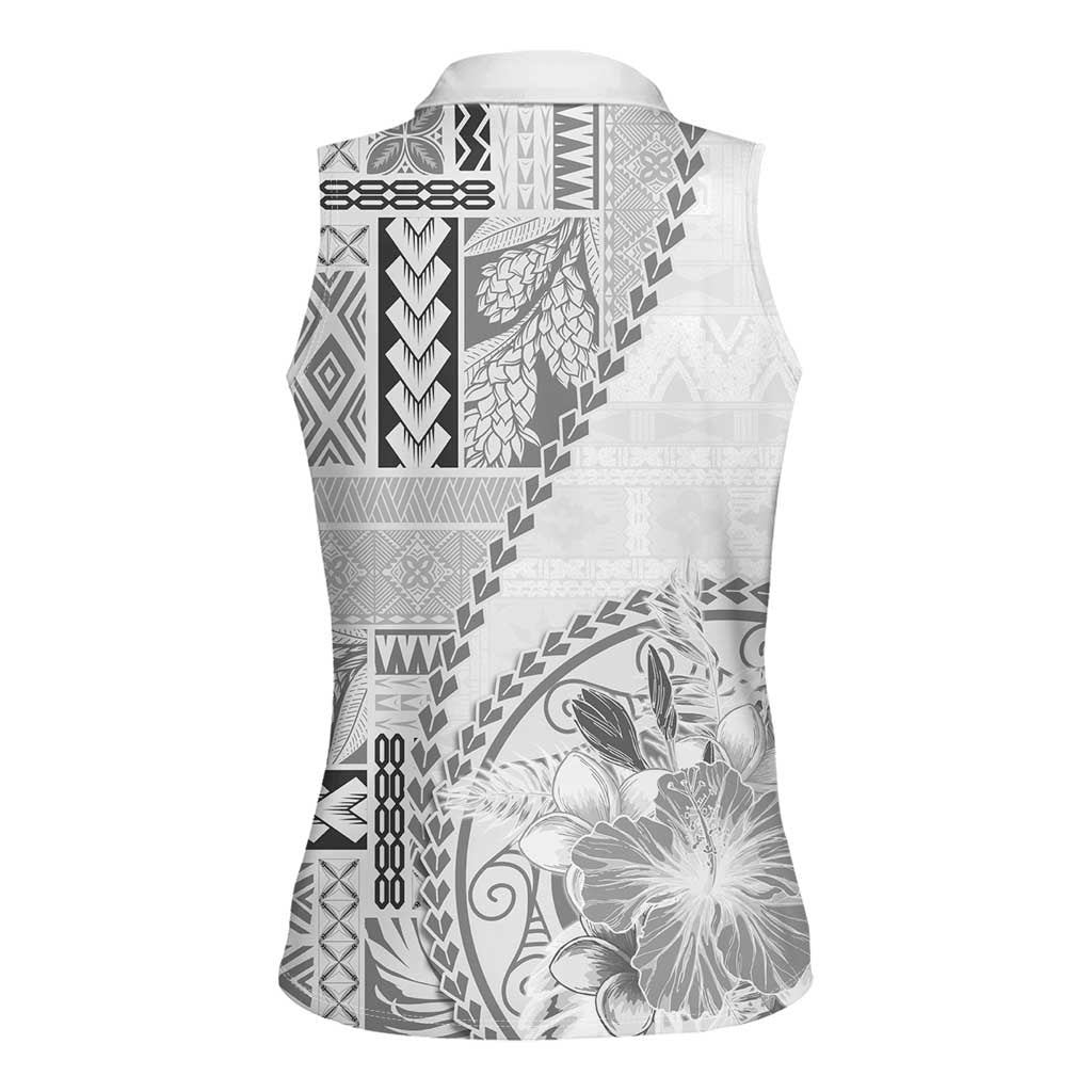 Samoa Siapo Elegant Women Sleeveless Polo Shirt Hibiscus White Motifs - Polynesian Pride