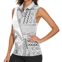 Samoa Siapo Elegant Women Sleeveless Polo Shirt Hibiscus White Motifs - Polynesian Pride