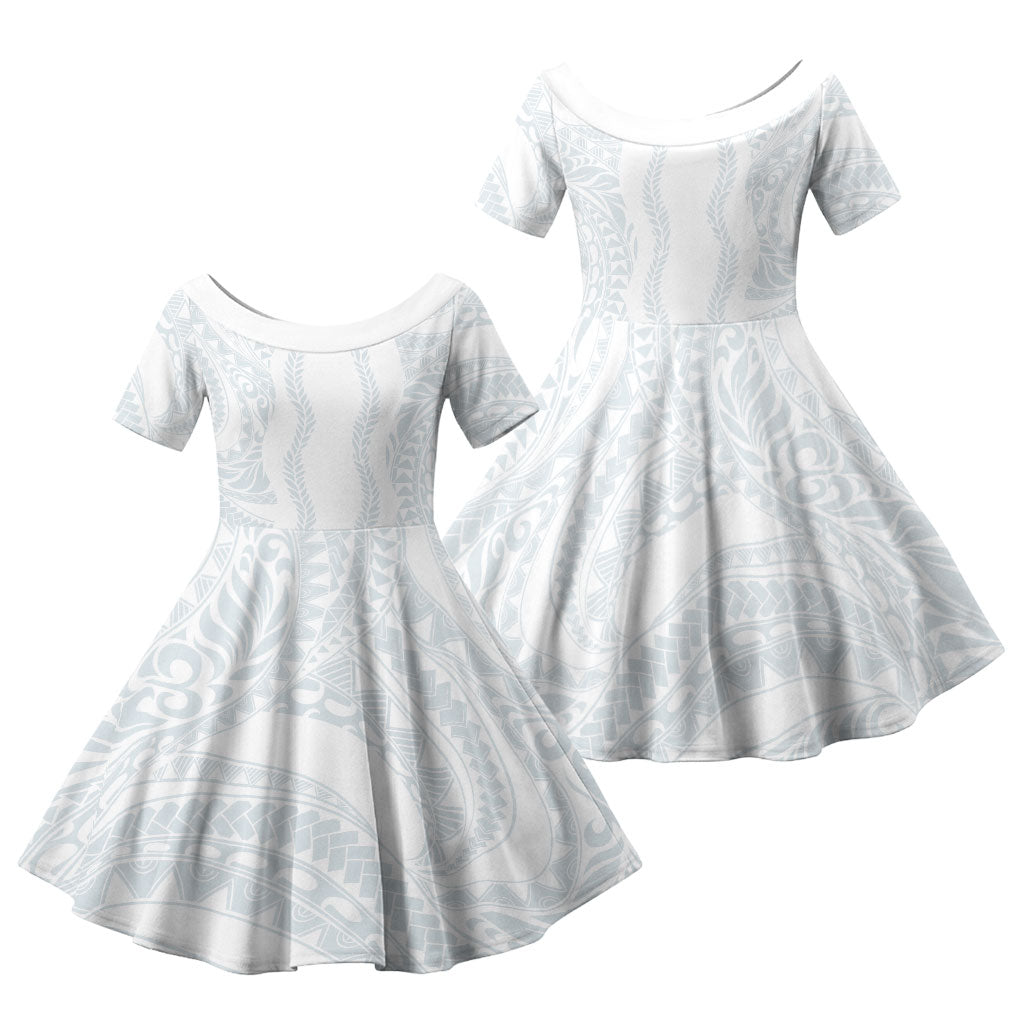 Samoa Lotu Tamaiti Family Matching Tank Maxi Dress and Hawaiian Shirt Teuila With Tribal Motifs LT05 Daughter's Dress White - Polynesian Pride