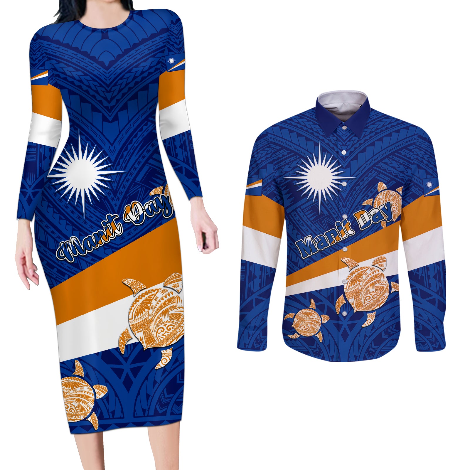 Personalized Marshall Islands Couples Matching Long Sleeve Bodycon Dress and Long Sleeve Button Shirts Manit Day Coat Of Arms With Polynesian Turtle LT05 Blue - Polynesian Pride