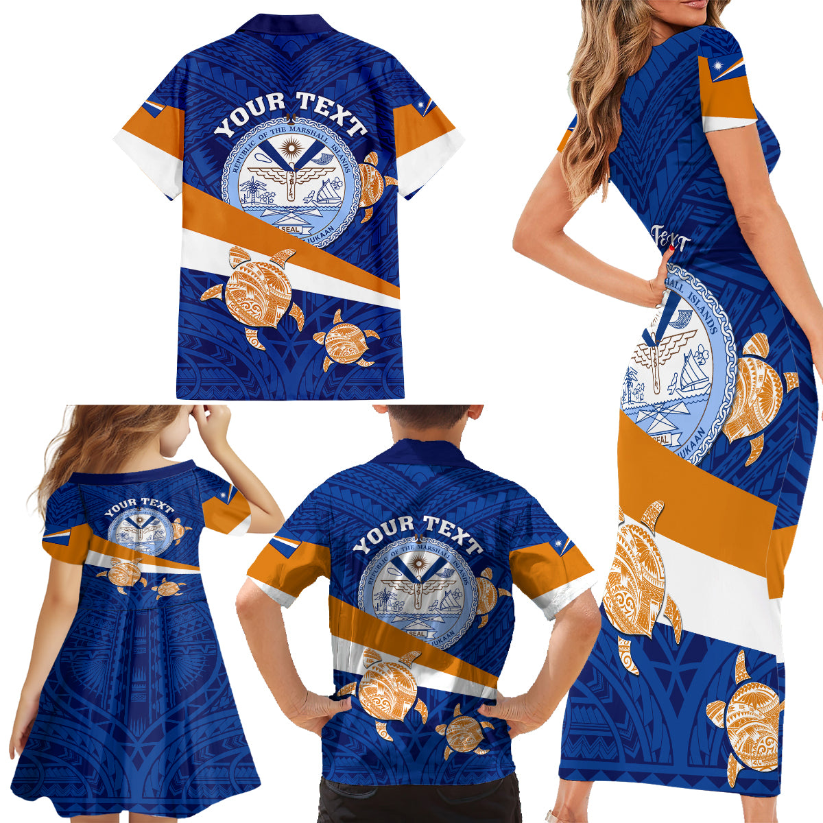 Personalized Marshall Islands Family Matching Short Sleeve Bodycon Dress and Hawaiian Shirt Manit Day Coat Of Arms With Polynesian Turtle LT05 - Polynesian Pride