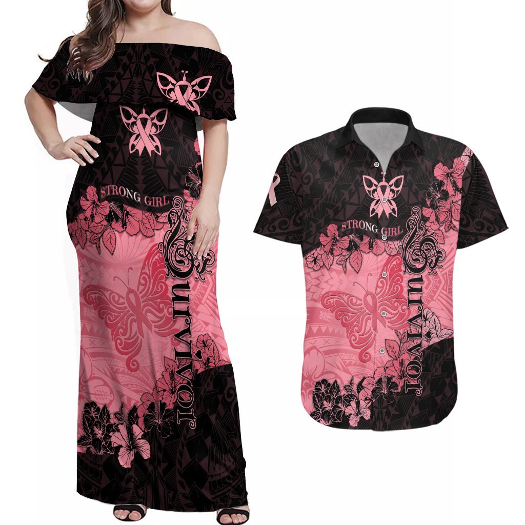 Breast Cancer Couples Matching Off Shoulder Maxi Dress and Hawaiian Shirt Survivor Polynesian Ribbon Butterfly LT05 Pink - Polynesian Pride