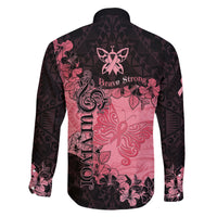 Breast Cancer Family Matching Off Shoulder Long Sleeve Dress and Hawaiian Shirt Survivor Polynesian Ribbon Butterfly LT05 - Polynesian Pride