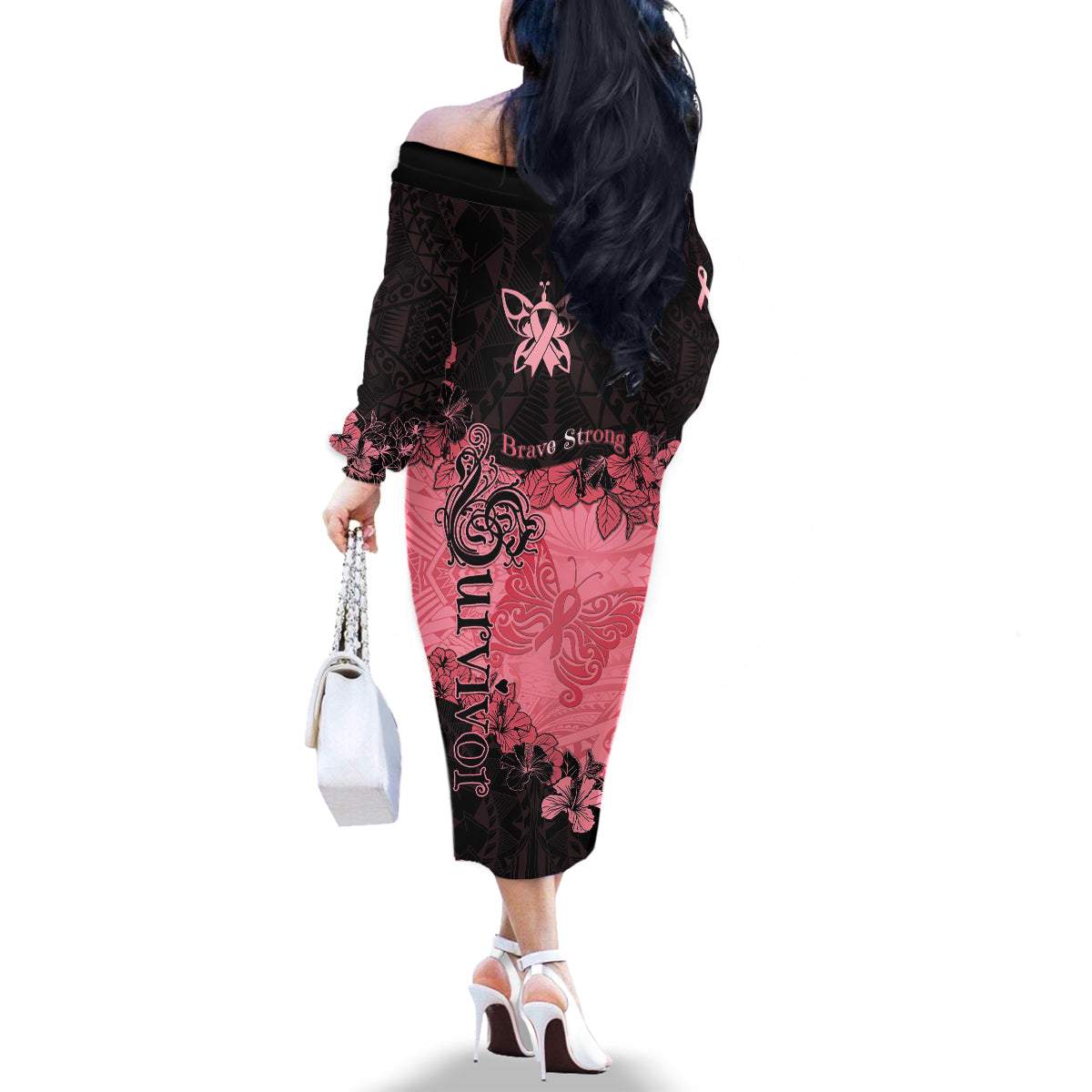 Breast Cancer Family Matching Off Shoulder Long Sleeve Dress and Hawaiian Shirt Survivor Polynesian Ribbon Butterfly LT05 - Polynesian Pride