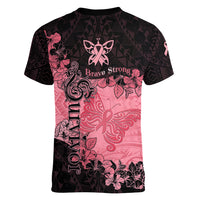 Breast Cancer Women V Neck T Shirt Survivor Polynesian Ribbon Butterfly LT05 - Polynesian Pride
