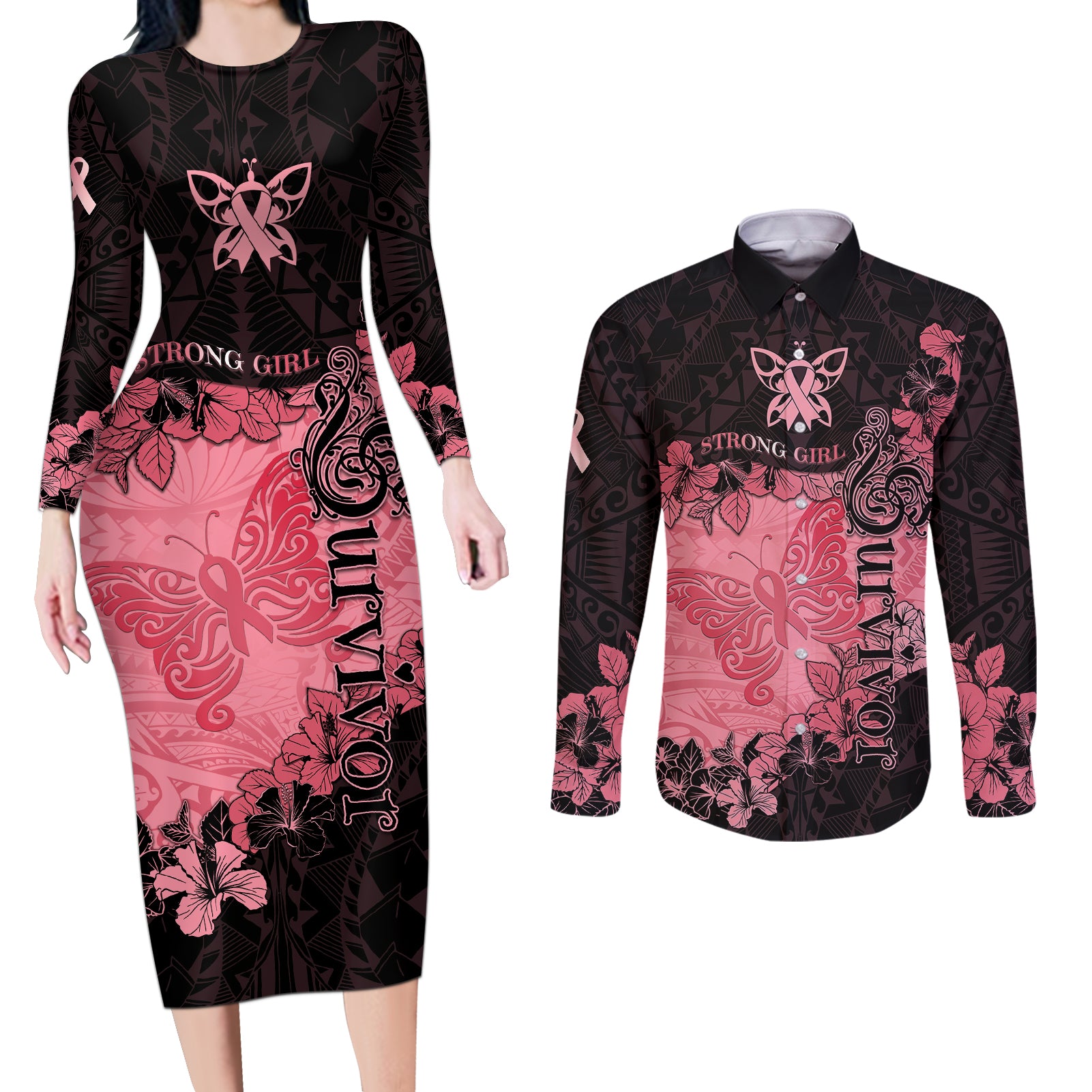 Personalized Breast Cancer Couples Matching Long Sleeve Bodycon Dress and Long Sleeve Button Shirts Survivor Polynesian Ribbon Butterfly LT05 Pink - Polynesian Pride