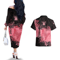 Personalized Breast Cancer Couples Matching Off The Shoulder Long Sleeve Dress and Hawaiian Shirt Survivor Polynesian Ribbon Butterfly LT05 - Polynesian Pride