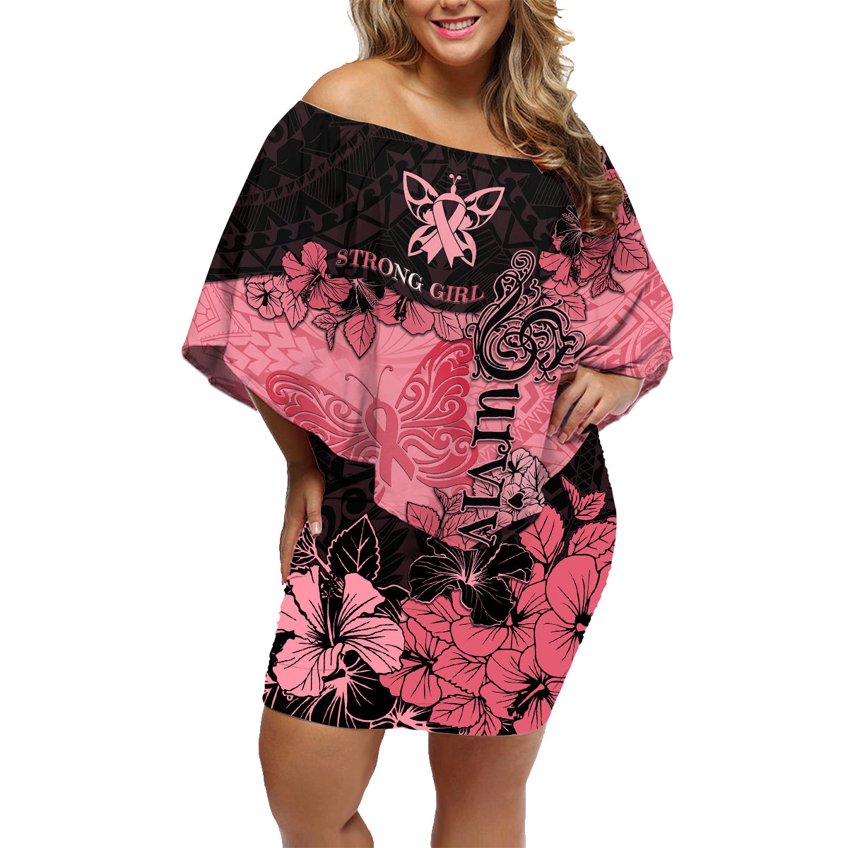 Personalized Breast Cancer Family Matching Off Shoulder Short Dress and Hawaiian Shirt Survivor Polynesian Ribbon Butterfly LT05 Mom's Dress Pink - Polynesian Pride