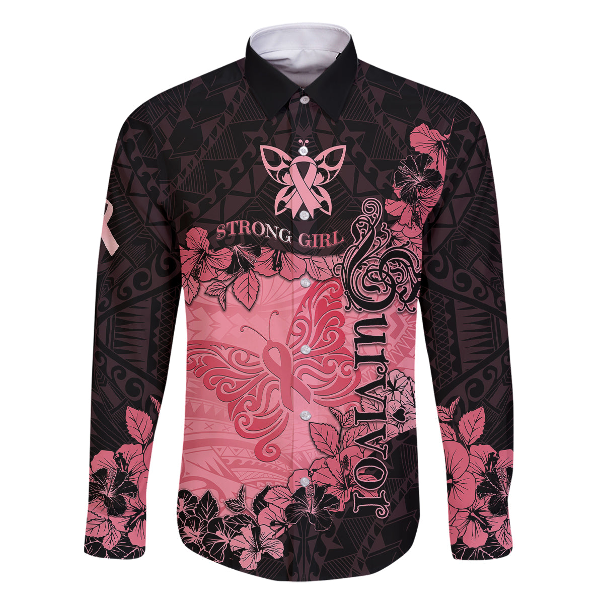 Personalized Breast Cancer Family Matching Puletasi Dress and Hawaiian Shirt Survivor Polynesian Ribbon Butterfly LT05 Dad's Shirt - Long Sleeve Pink - Polynesian Pride