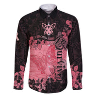 Personalized Breast Cancer Family Matching Puletasi Dress and Hawaiian Shirt Survivor Polynesian Ribbon Butterfly LT05 Dad's Shirt - Long Sleeve Pink - Polynesian Pride