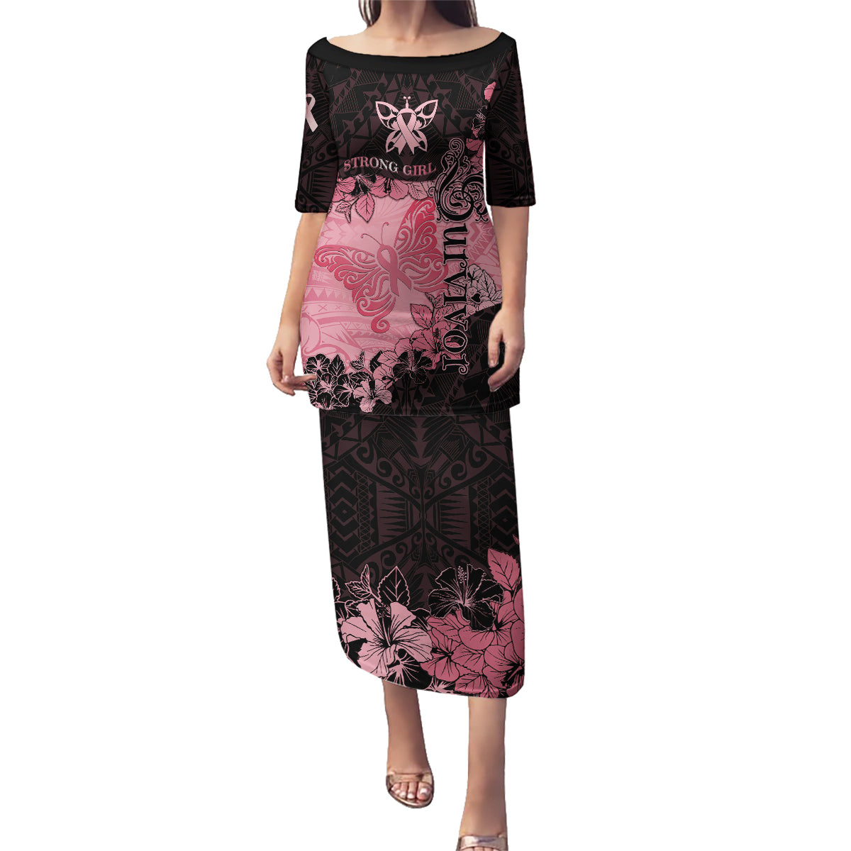 Personalized Breast Cancer Family Matching Puletasi Dress and Hawaiian Shirt Survivor Polynesian Ribbon Butterfly LT05 Mom's Dress Pink - Polynesian Pride
