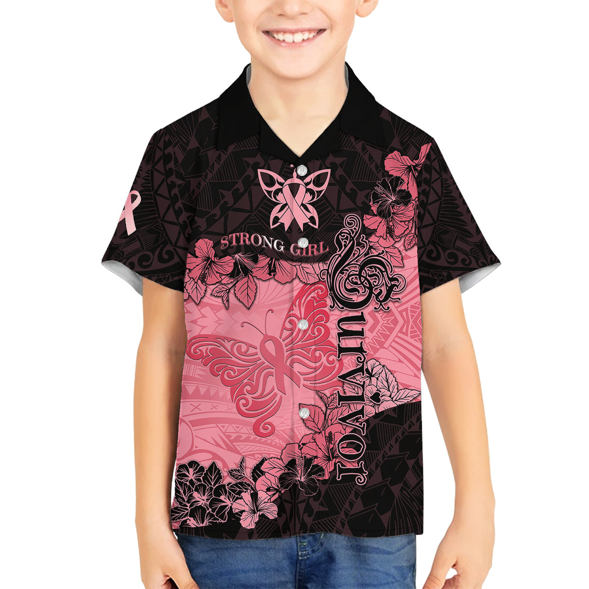 Personalized Breast Cancer Kid Hawaiian Shirt Survivor Polynesian Ribbon Butterfly LT05 - Polynesian Pride