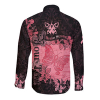 Personalized Breast Cancer Long Sleeve Button Shirt Survivor Polynesian Ribbon Butterfly LT05 - Polynesian Pride