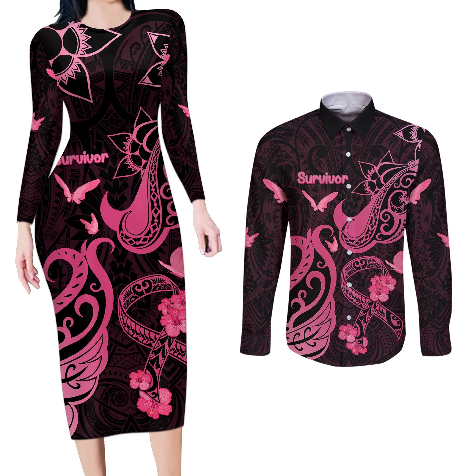 Breast Cancer Awareness Couples Matching Long Sleeve Bodycon Dress and Long Sleeve Button Shirts Ribbon Polynesian Pattern Black Version LT05 Black - Polynesian Pride