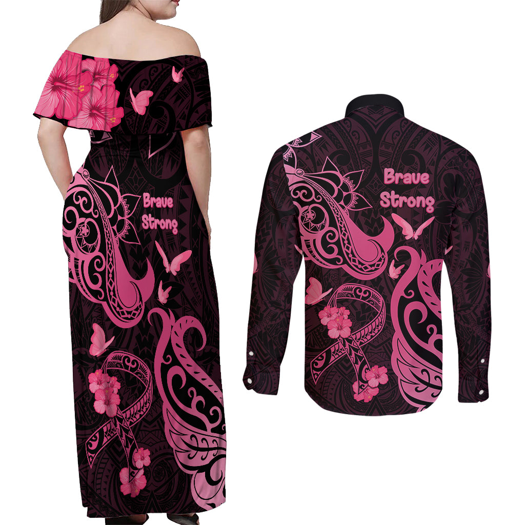 Breast Cancer Awareness Couples Matching Off Shoulder Maxi Dress and Long Sleeve Button Shirts Ribbon Polynesian Pattern Black Version LT05 - Polynesian Pride