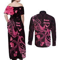 Breast Cancer Awareness Couples Matching Off Shoulder Maxi Dress and Long Sleeve Button Shirts Ribbon Polynesian Pattern Black Version LT05 - Polynesian Pride