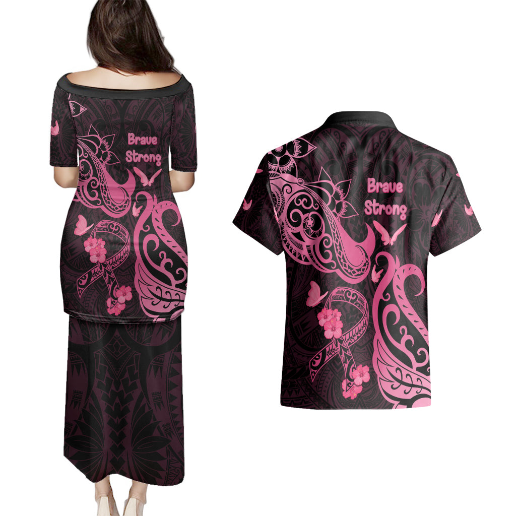 Breast Cancer Awareness Couples Matching Puletasi Dress and Hawaiian Shirt Ribbon Polynesian Pattern Black Version LT05 - Polynesian Pride