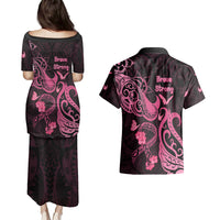 Breast Cancer Awareness Couples Matching Puletasi Dress and Hawaiian Shirt Ribbon Polynesian Pattern Black Version LT05 - Polynesian Pride