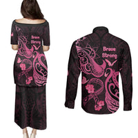 Breast Cancer Awareness Couples Matching Puletasi Dress and Long Sleeve Button Shirts Ribbon Polynesian Pattern Black Version LT05 - Polynesian Pride