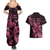 Breast Cancer Awareness Couples Matching Summer Maxi Dress and Hawaiian Shirt Ribbon Polynesian Pattern Black Version LT05 - Polynesian Pride