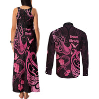 Breast Cancer Awareness Couples Matching Tank Maxi Dress and Long Sleeve Button Shirts Ribbon Polynesian Pattern Black Version LT05 - Polynesian Pride