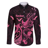 Breast Cancer Awareness Family Matching Puletasi Dress and Hawaiian Shirt Ribbon Polynesian Pattern Black Version LT05 Dad's Shirt - Long Sleeve Black - Polynesian Pride
