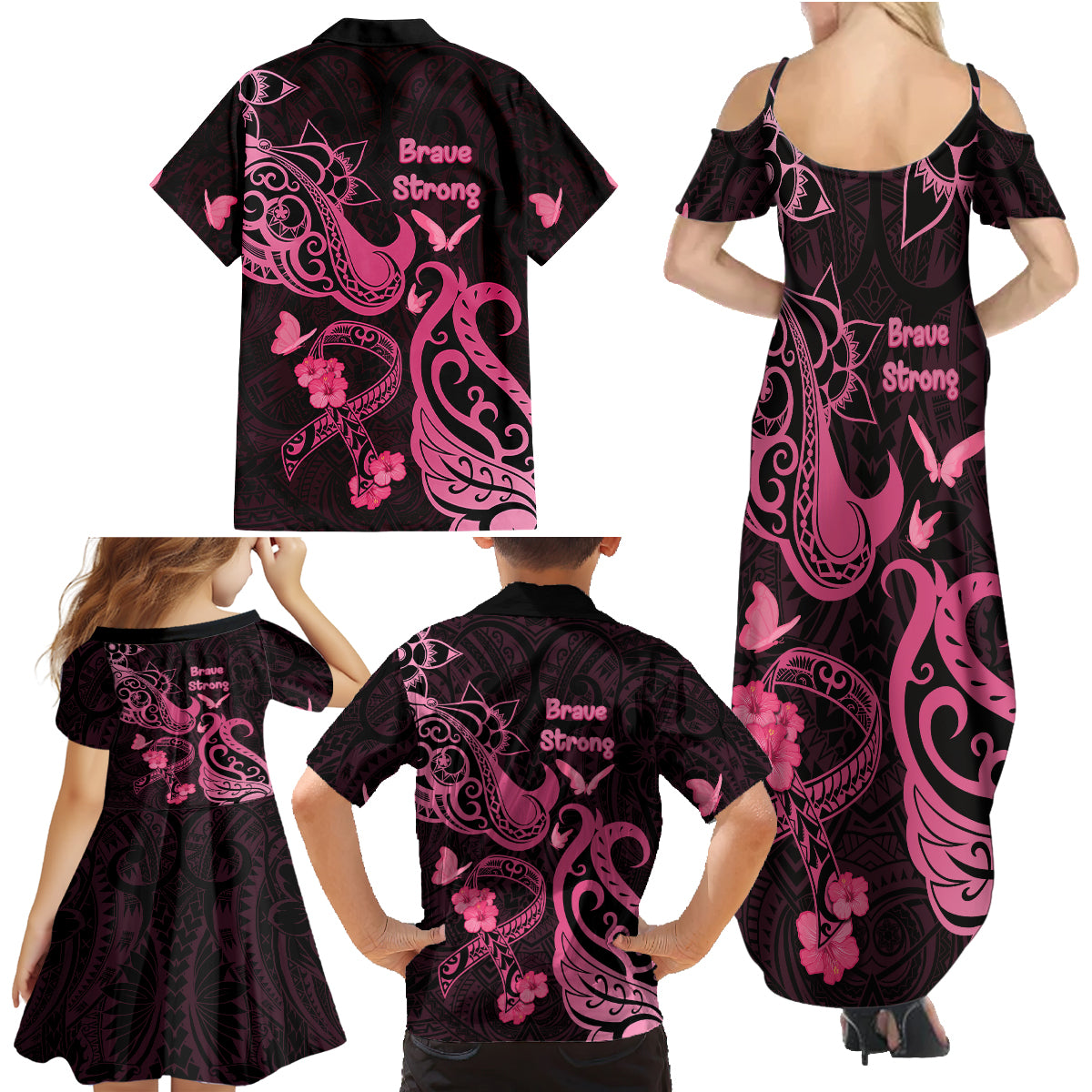 Breast Cancer Awareness Family Matching Summer Maxi Dress and Hawaiian Shirt Ribbon Polynesian Pattern Black Version LT05 - Polynesian Pride