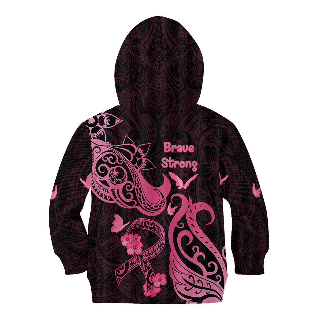 Breast Cancer Awareness Kid Hoodie Ribbon Polynesian Pattern Black Version LT05 - Polynesian Pride