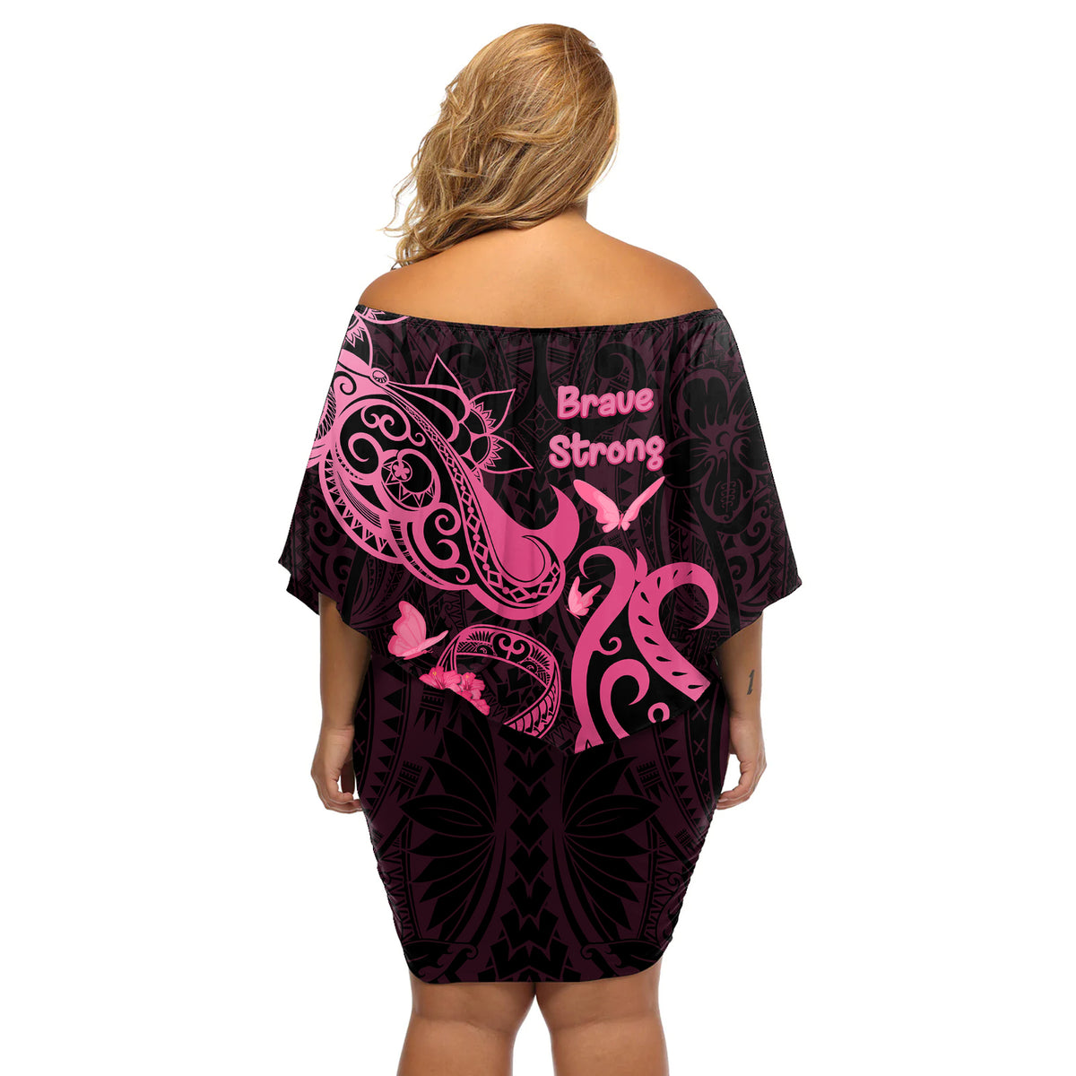 Breast Cancer Awareness Off Shoulder Short Dress Ribbon Polynesian Pattern Black Version LT05 - Polynesian Pride