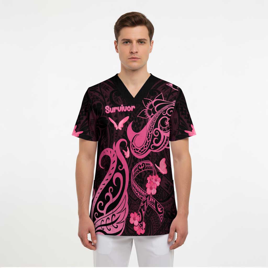 Breast Cancer Awareness Scrub Top Ribbon Polynesian Pattern Black Version - Polynesian Pride