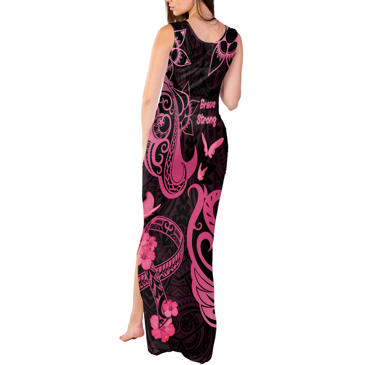 Breast Cancer Awareness Tank Maxi Dress Ribbon Polynesian Pattern Black Version LT05 - Polynesian Pride