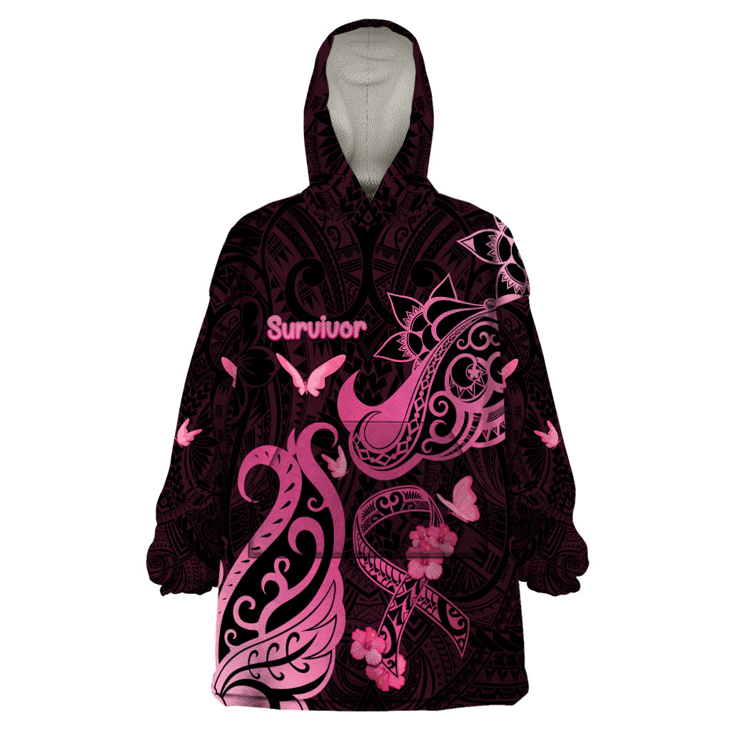 Breast Cancer Awareness Wearable Blanket Hoodie Ribbon Polynesian Pattern Black Version LT05 One Size Black - Polynesian Pride