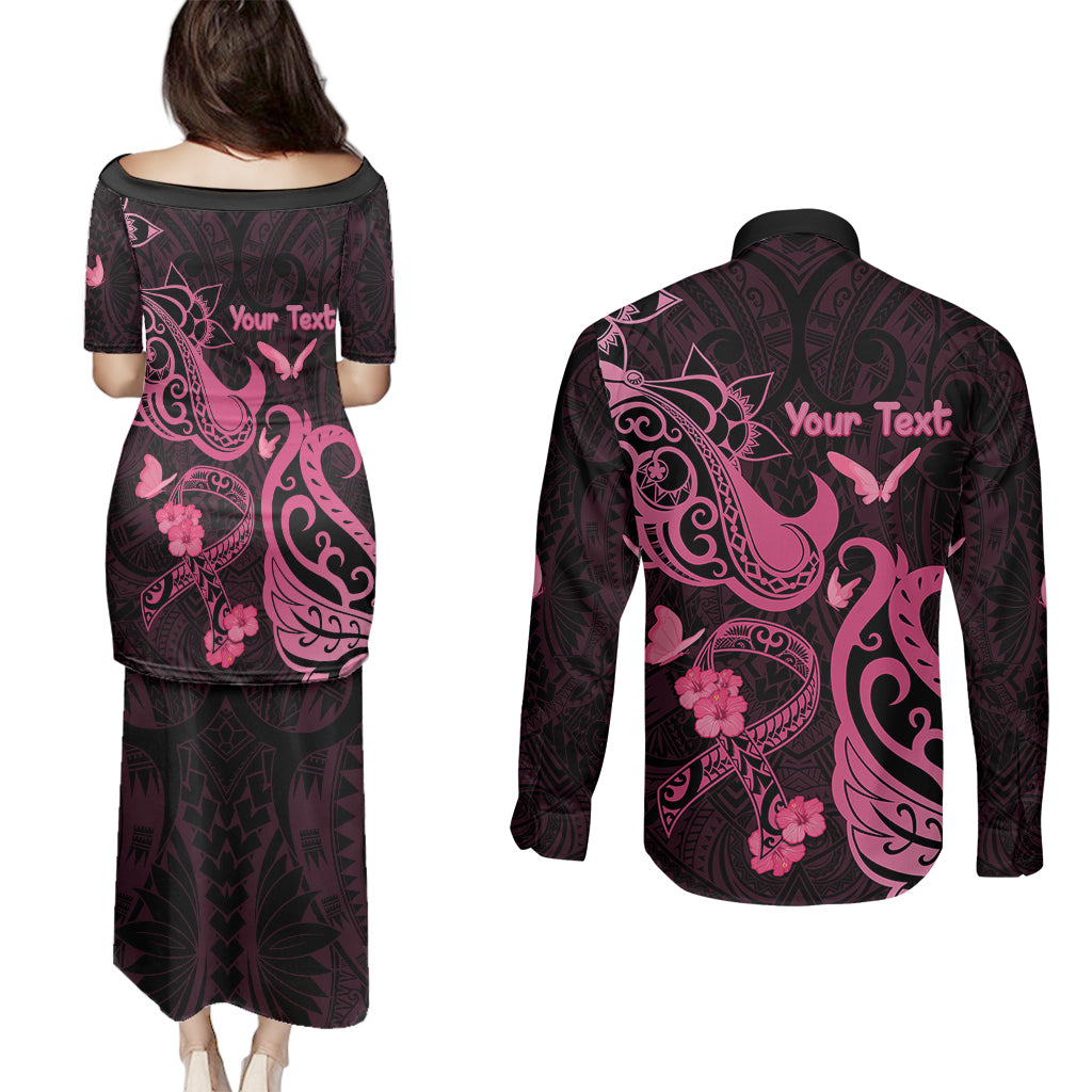 Personalized Breast Cancer Awareness Couples Matching Puletasi Dress and Long Sleeve Button Shirts Ribbon Polynesian Pattern Black Version LT05 - Polynesian Pride