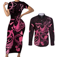Personalized Breast Cancer Awareness Couples Matching Short Sleeve Bodycon Dress and Long Sleeve Button Shirts Ribbon Polynesian Pattern Black Version LT05 Black - Polynesian Pride