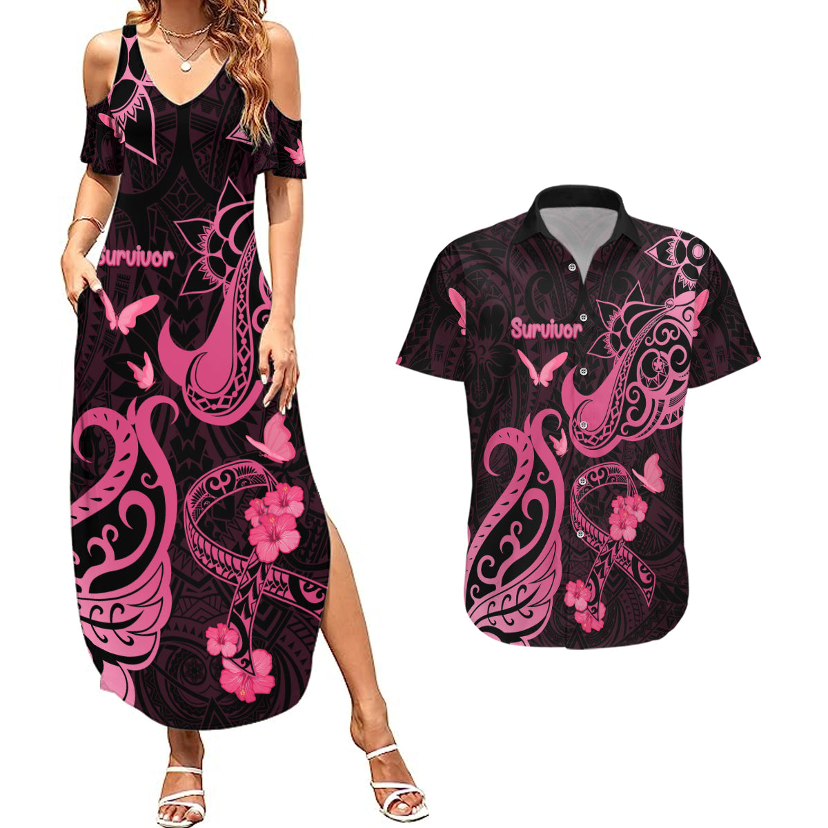 Personalized Breast Cancer Awareness Couples Matching Summer Maxi Dress and Hawaiian Shirt Ribbon Polynesian Pattern Black Version LT05 Black - Polynesian Pride