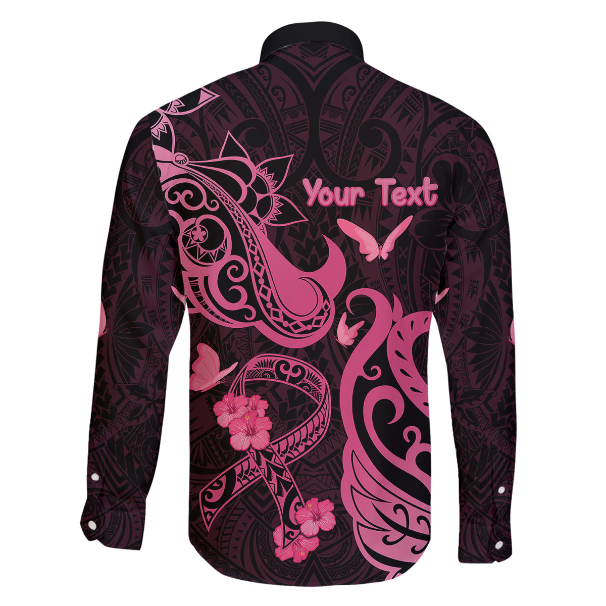 Personalized Breast Cancer Awareness Family Matching Off Shoulder Long Sleeve Dress and Hawaiian Shirt Ribbon Polynesian Pattern Black Version LT05 - Polynesian Pride