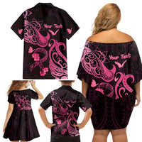 Personalized Breast Cancer Awareness Family Matching Off Shoulder Short Dress and Hawaiian Shirt Ribbon Polynesian Pattern Black Version LT05 - Polynesian Pride