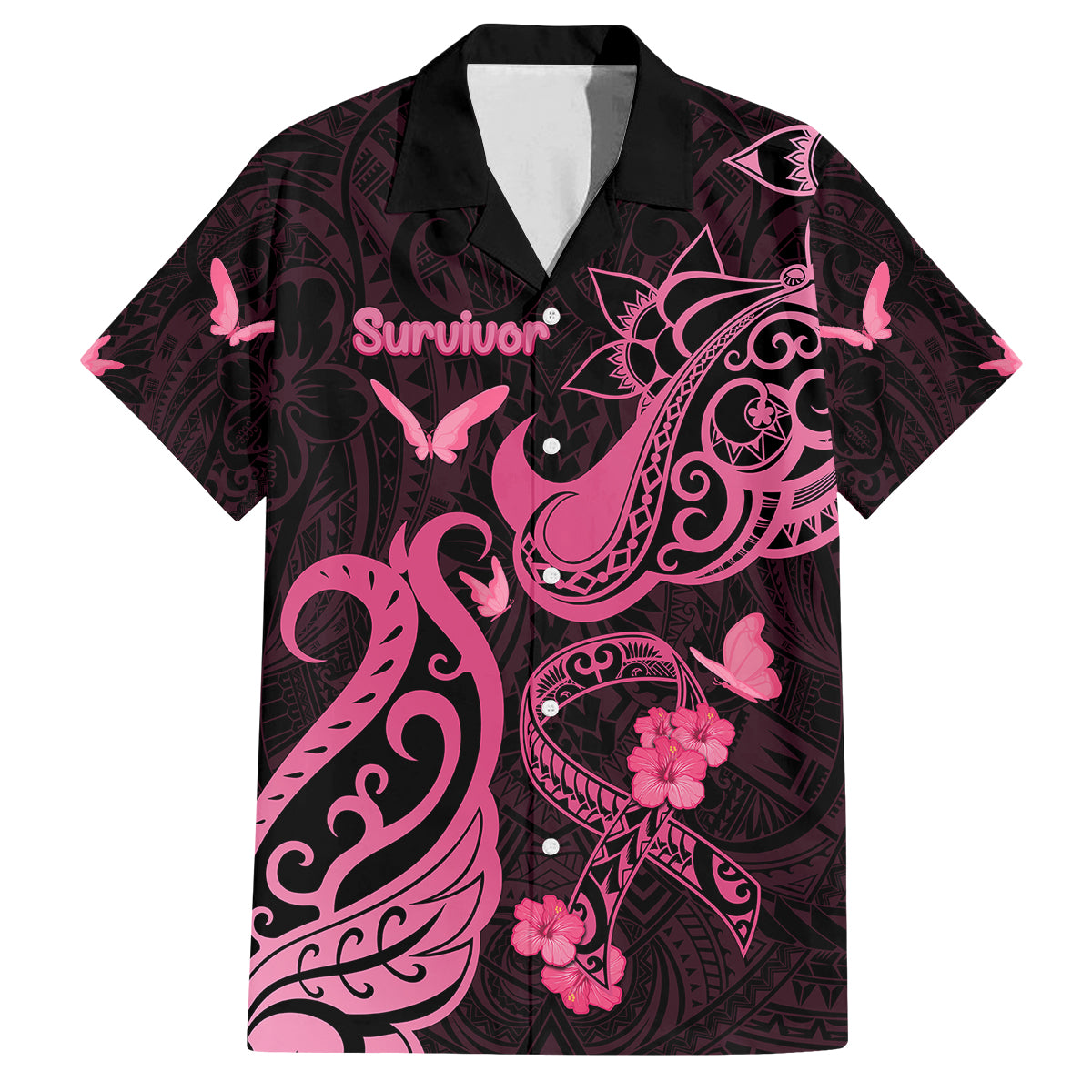 Personalized Breast Cancer Awareness Family Matching Puletasi Dress and Hawaiian Shirt Ribbon Polynesian Pattern Black Version LT05 Dad's Shirt - Short Sleeve Black - Polynesian Pride