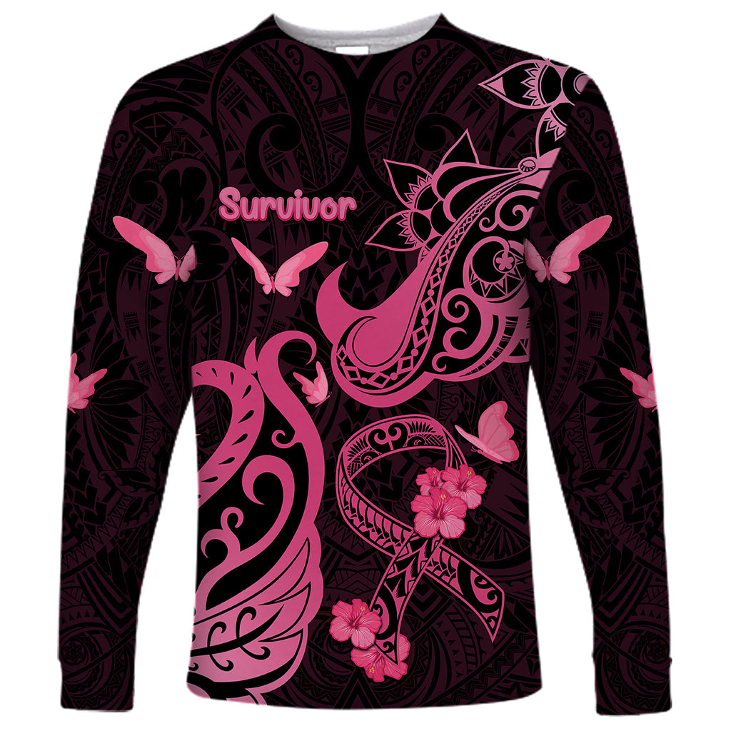 Personalized Breast Cancer Awareness Long Sleeve Shirt Ribbon Polynesian Pattern Black Version LT05 Unisex Black - Polynesian Pride