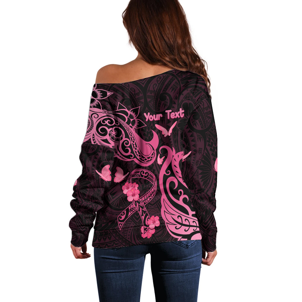Personalized Breast Cancer Awareness Off Shoulder Sweater Ribbon Polynesian Pattern Black Version LT05 - Polynesian Pride